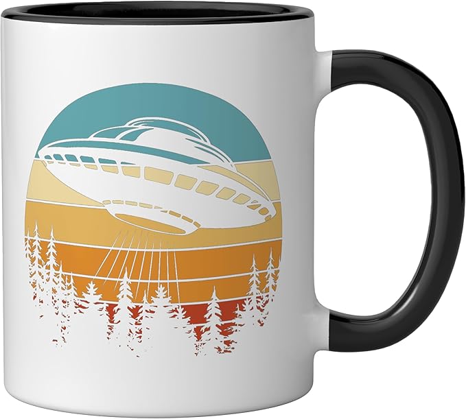 Alien UFO Flying Saucer Abduction Retro Ceramic Mug, Black/White