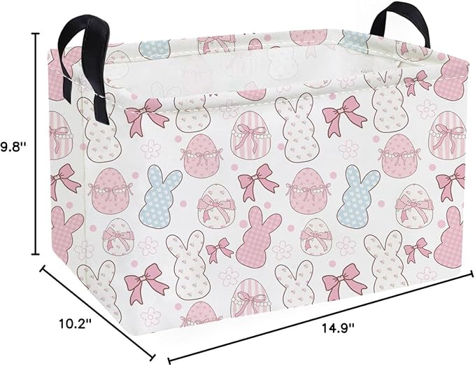 Essme Rectangular Easter Baskets,Kids Storage Box,Pink Easter Basket for Girls with Handles for Room Decor, Book Bins,Shelf Basket.(Bowknot eggs)