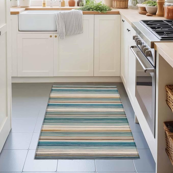 Area Rug 2x3ft, Minimalist Vertical Stripes Washable Rugs for Living Room Bedroom, Retro Boho Lines Soft Non-Slip Area Rugs Rectangle Floor Carpet for Dining Room