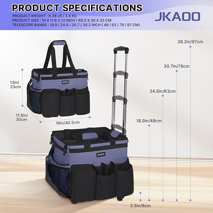 JKAOO Large Rolling Cleaning Caddy Bag with Detachable Trolley, Waterproof Cleaning Caddy on Wheels for Housekeepers, Cleaning Cart Supplies Organizer for Home,Car,Office,Picnic (Denim Blue)(InPatent)