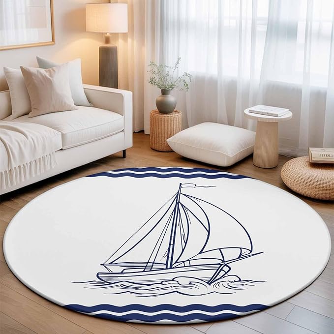Washable Round Area Rug Summer Ocean Nautical Sailboat Circle Rugs Floor Carpet for Living Room Bedroom, Marine Theme Navy Blue Stripe Soft Non Slip Round Rug 5ft