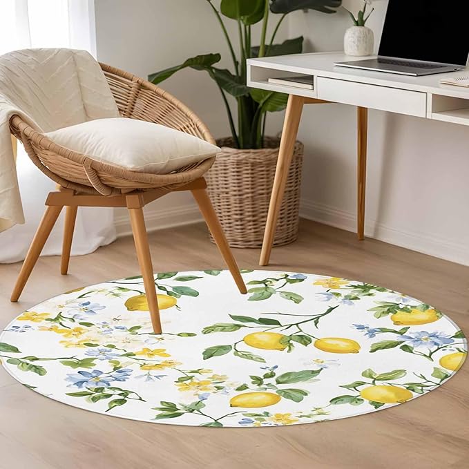 Washable Round Area Rug Summer Watercolor Lemon Flower Circle Rugs Floor Carpet for Living Room Bedroom, Spring Farm Fruit Green Leaf Soft Non Slip Round Rug 4ft
