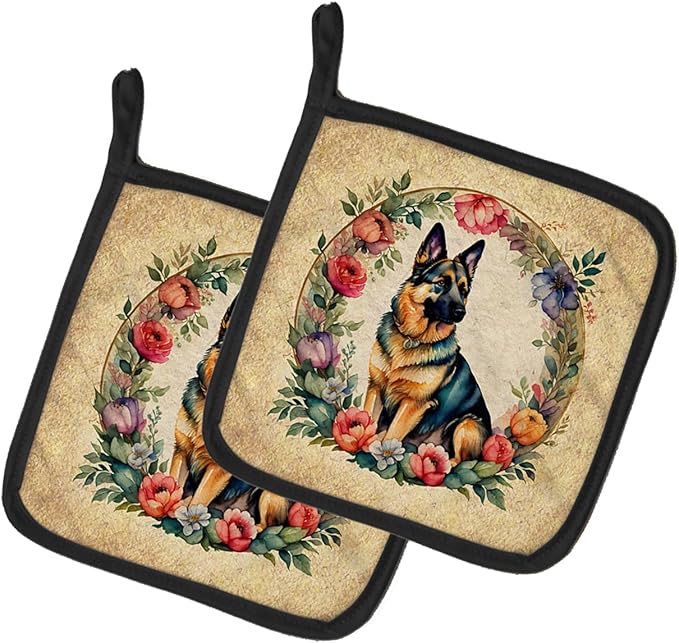 Caroline's Treasures German Shepherd and Flowers Pair of Pot Holders Kitchen Heat Resistant Pot Holders Sets Oven Hot Pads for Cooking Baking BBQ, 7 1/2 x 7 1/2