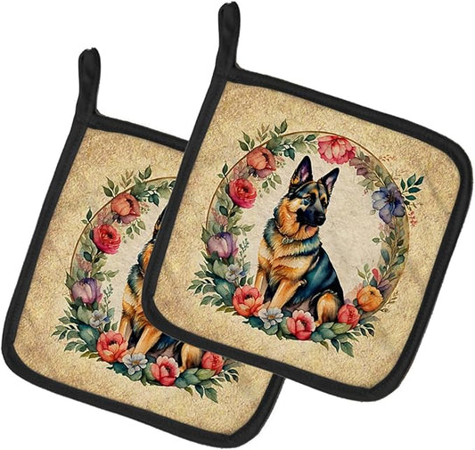 Caroline's Treasures German Shepherd and Flowers Pair of Pot Holders Kitchen Heat Resistant Pot Holders Sets Oven Hot Pads for Cooking Baking BBQ, 7 1/2 x 7 1/2