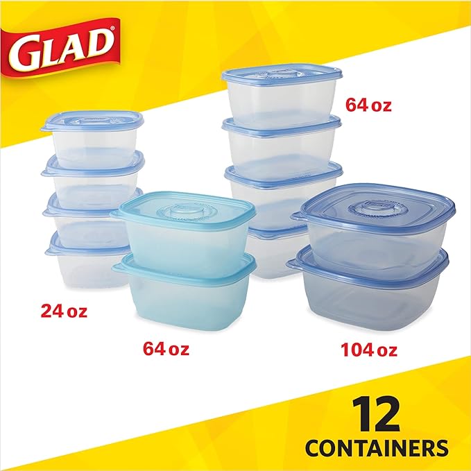 GladWare Food Storage Containers, Family Variety Pack, 24 Piece Set | with Glad Lock Tight Seal, BPA Free Containers and Lids in a Variety of Sizes to Hold and Store Food