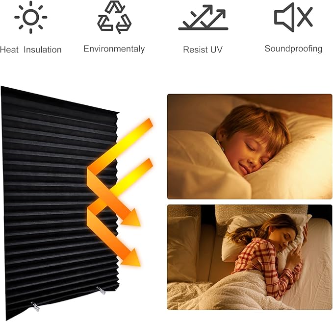 MALOKI Pleated Window Blinds,Temporary Window Shades Cordless Light Filtering Pleated Paper Shades Room Darkening Blinds for Home Bedroom Office (Black, 35 Inch x 71 Inch)