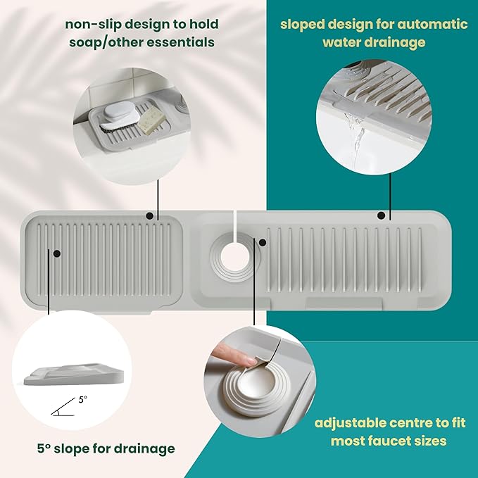 Kitchen Sink Splash Guard (23.6" x 5.5") - 5 Slope Silicone Draining Mat, Faucet Mat With Soap Dispenser & Sponge Holder, Water Drip Catcher Tray (Light Grey)