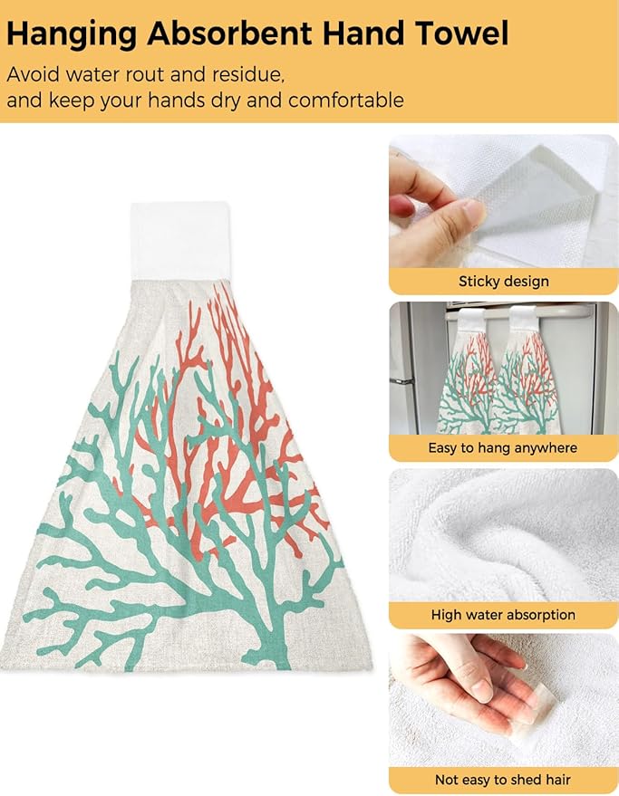 Alandar Home Kitchen Tie Towel Set of 2, Ocean Teal Orange Coral on Linen Absorbent Soft Hand Towels for Bathroom Hanging Towels, Nautical Abstract Marine Life Fast Drying Cleaning Cloth with Loop