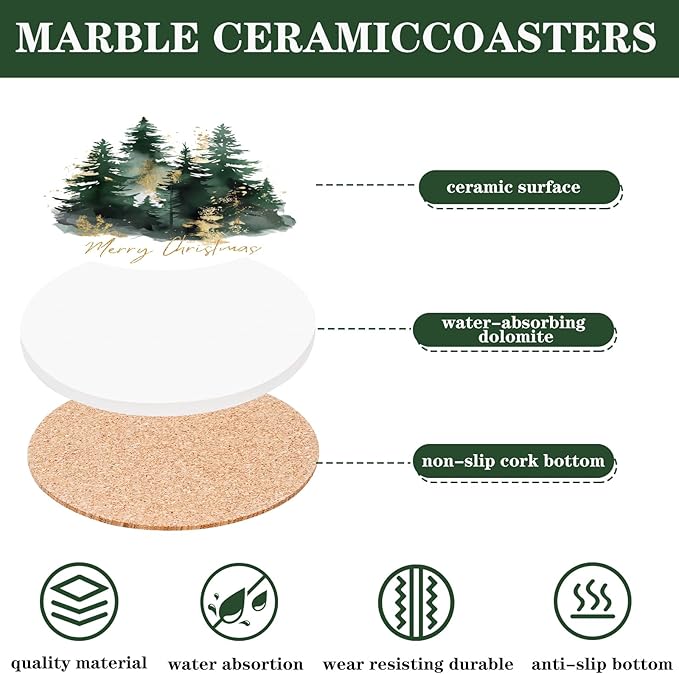 JarThenaAMCS 4Pcs Christmas Coasters Round Ceramic Drink Coaster Watercolor Xmas Pine Tree Cup Mat for Mugs Home Kitchen Farmhouse Table Protection