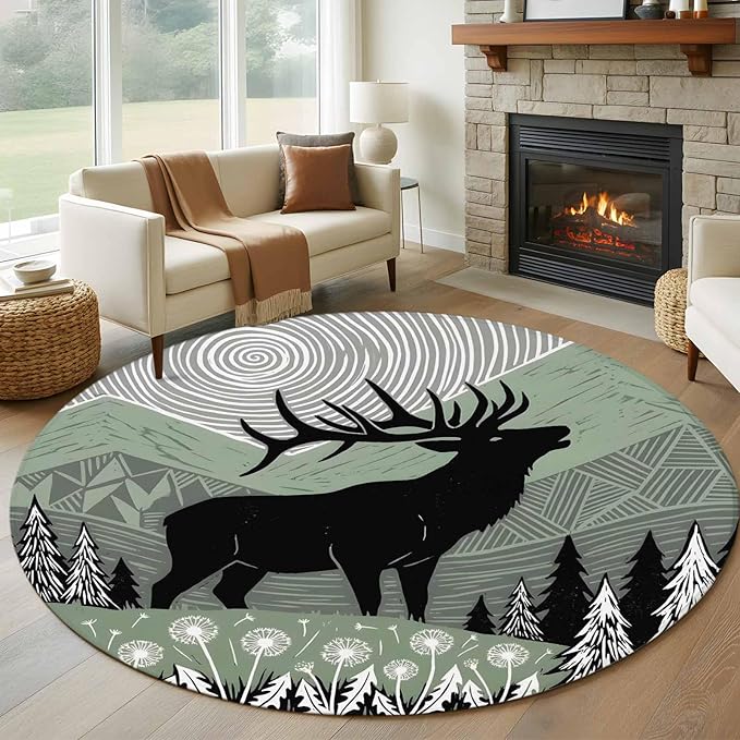 Washable Round Area Rug Black Wildlife Elk Circle Rugs Floor Carpet for Living Room Bedroom, Bohemian Green Mountain Peaks Soft Non Slip Round Rug 5ft