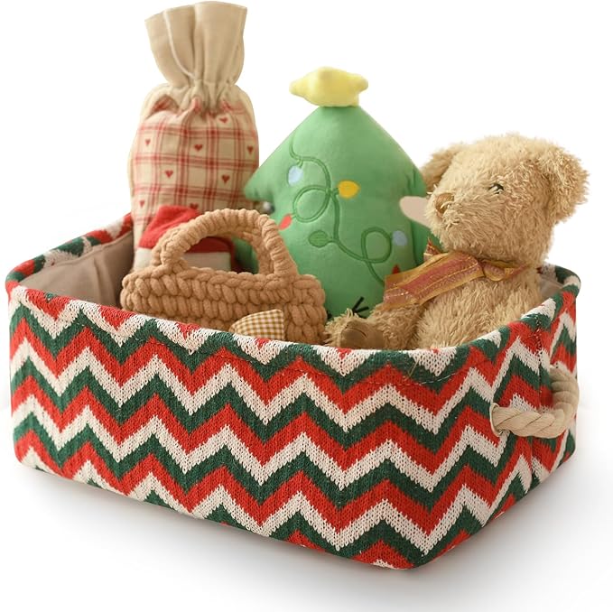 INough Christmas Ornament Storage Box Holiday Decoration Organizer, Knitted with Bulky Yarn Christmas Basket for Kids Collapsible Gifts Baskets Empty with Handles Ornament Storage Box