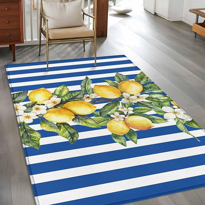 Area Rug 3x5ft, Summer Lemon Green Leaves Watercolor Washable Rugs for Living Room Bedroom, Blue Stripe Soft Non-Slip Area Rugs Rectangle Floor Carpet for Dining Room