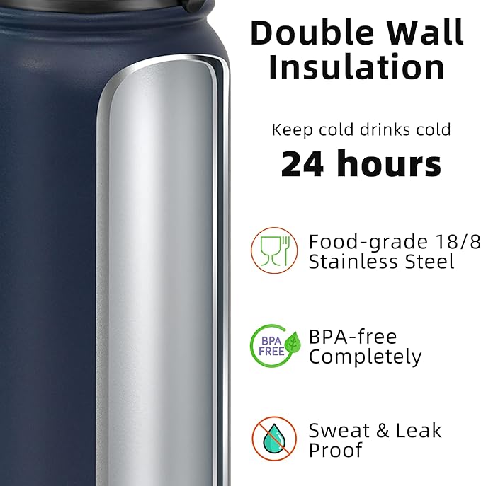Fanhaw 32 oz Insulated Stainless Steel Water Bottle with Straw Lid, Leakproof Sports Bottle for Men, Women & Teens (Navy Blue)