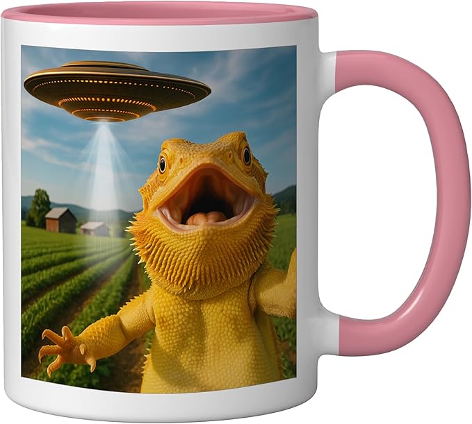 Funny Bearded Dragon Selfie with Alien UFO Ceramic Mug, Pink/White
