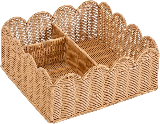 Rattan Divided Scalloped Basket,Wicker Diaper Caddy Scalloped Baske,Woven Natural Basket with 4 Dividers,Suitable for Baby Rooms, Bathrooms, Bedrooms (Imitation Rattan)