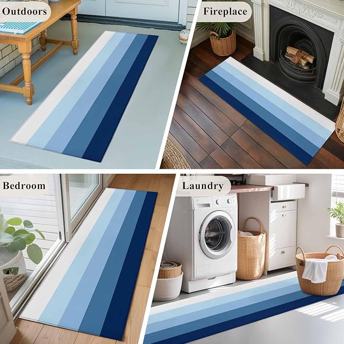 Runner Rug for Bedroom Hallway, Minimalist Blue White Ombre Stripe Kitchen Runner Rugs Area Rug 2x6ft, Modern Gradient Art Washable Soft Floor Carpet for Entryway Stair