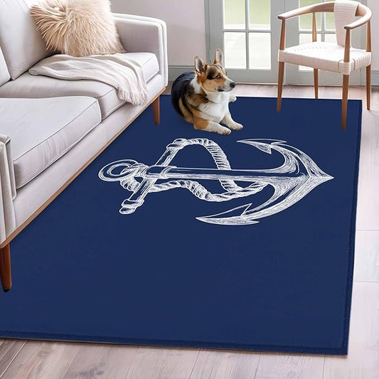 Area Rug 4x6ft, Marine Theme Anchor String Sketch Washable Rugs for Living Room Bedroom, Watercolor Nautical Theme Soft Non-Slip Area Rugs Rectangle Floor Carpet for Dining Room