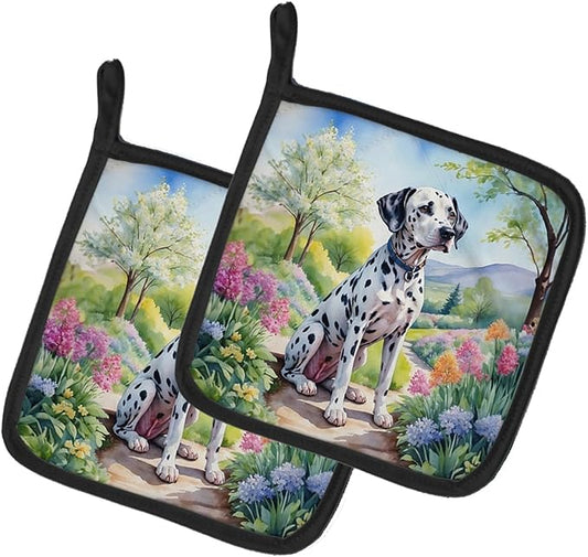 Caroline's Treasures Dalmatian Spring Path Pair of Pot Holders Kitchen Heat Resistant Pot Holders Sets Oven Hot Pads for Cooking Baking BBQ, 7 1/2 x 7 1/2