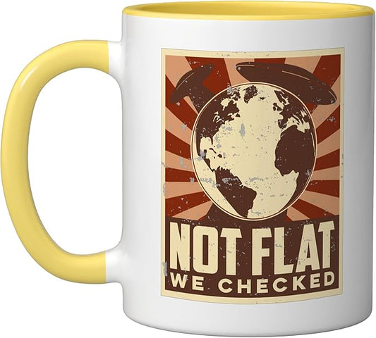 Ufo Alien Not Flat We Checked Ceramic Mug, Yellow/White