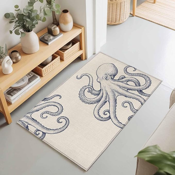 Area Rug 2x3ft, Marine Octopus Sea Monster Washable Rugs for Living Room Bedroom, Farmhouse Ocean Life on Linen Soft Non-Slip Area Rugs Rectangle Floor Carpet for Dining Room