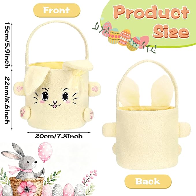 Mimorou 3 Pack Easter Basket Soft Plush Bunny Sherpa Personalized Bucket with Rabbit Ears Decorative Bow Large Bunny Tote Bags Ideal for Egg Hunt, Party Favors(Orange Pink and Yellow)