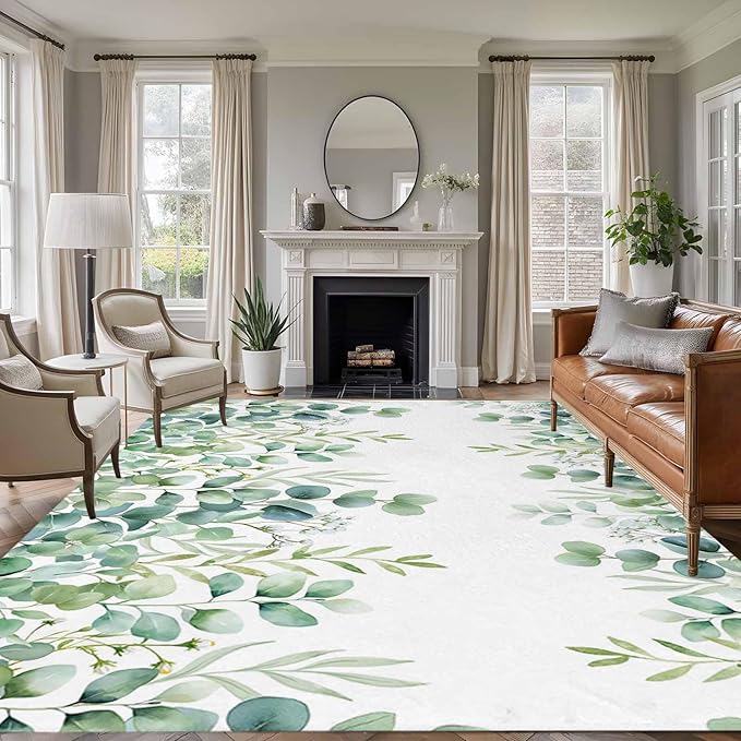Sage Green Eucalyptus Leaves 6x9 Area Rugs, Farmhouse Botanical Non-Skid Rubber Backing Large Rectangle Rugs - Living Room Bedroom Home Office, Country Indoor Floor Mat Carpets Washable Rug
