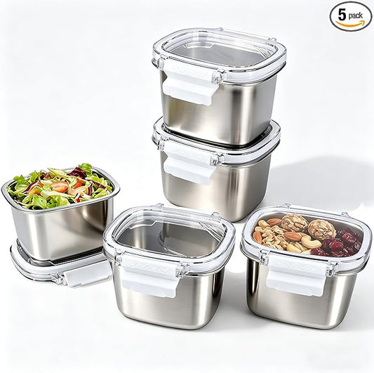 5 Pack Stainless Steel Food Storage Containers with Lids - 15.22 oz Small Snack Boxes & Lunch Containers, Shatterproof Leakproof Freezer Safe Meal Prep Containers for Portioning Snacks, Dips