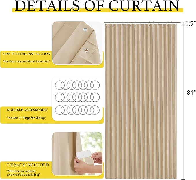 NICETOWN Room Divider Blackout Curtains for Patio Door, Portable Sliding Glass Door Drapes Thermal Insulated Large Window Covering for Bedroom/Living Room/Gazebo, 100 x 84 inch, Biscotti Beige, 1 PC