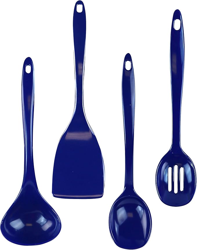 Reston Lloyd 100% Melamine Kitchen Utensil Set, Non Scratching Ladle, Spoon, Slotted Spoon & Spatula, Easy To Hold, Set of 4, Indigo