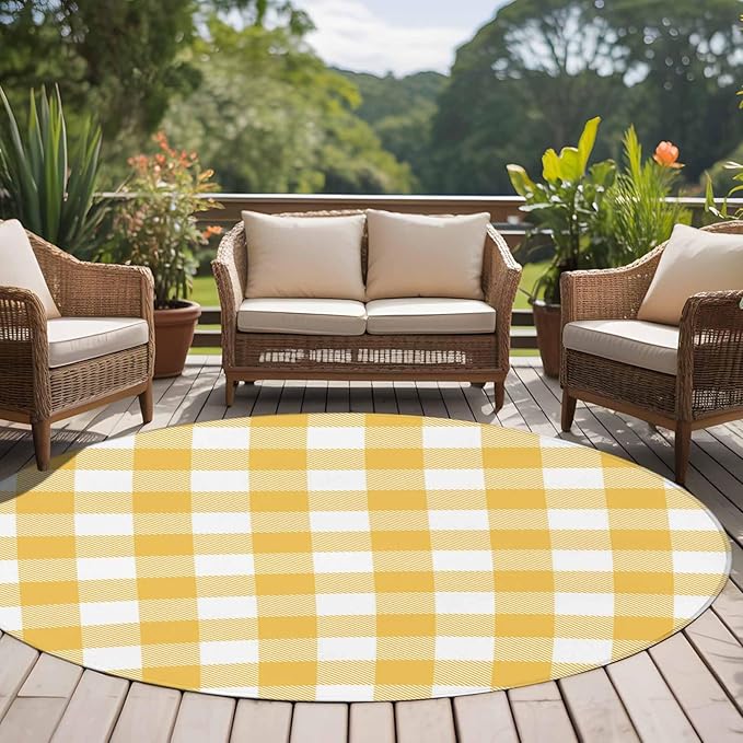 Washable Round Area Rug Rustic Country Yellow and White Buffalo Lattice Checked Circle Rugs Floor Carpet for Living Room Bedroom, Farm Style Soft Non Slip Round Rug 5ft