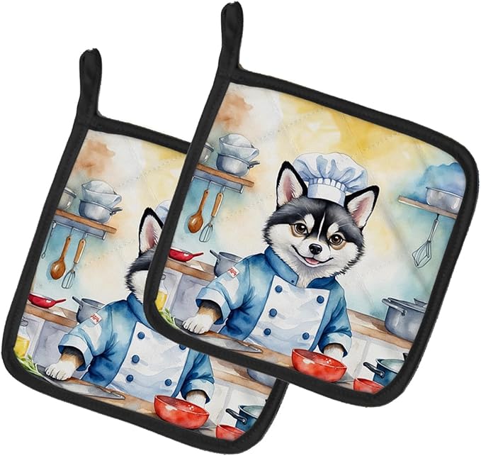 Caroline's Treasures Alaskan Klee Kai The Chef Pair of Pot Holders Kitchen Heat Resistant Pot Holders Sets Oven Hot Pads for Cooking Baking BBQ, 7 1/2 x 7 1/2
