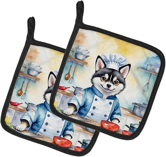 Caroline's Treasures Alaskan Klee Kai The Chef Pair of Pot Holders Kitchen Heat Resistant Pot Holders Sets Oven Hot Pads for Cooking Baking BBQ, 7 1/2 x 7 1/2