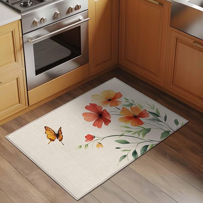 Area Rug 2x3ft, Summer Watercolor Flower Butterfly Washable Rugs for Living Room Bedroom, Green Leaves Retro Linen Soft Non-Slip Area Rugs Rectangle Floor Carpet for Dining Room