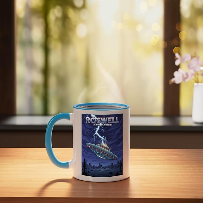Roswell UFO Flying Saucer New Mexico Souvenir Lightning Ceramic Mug, Blue/White