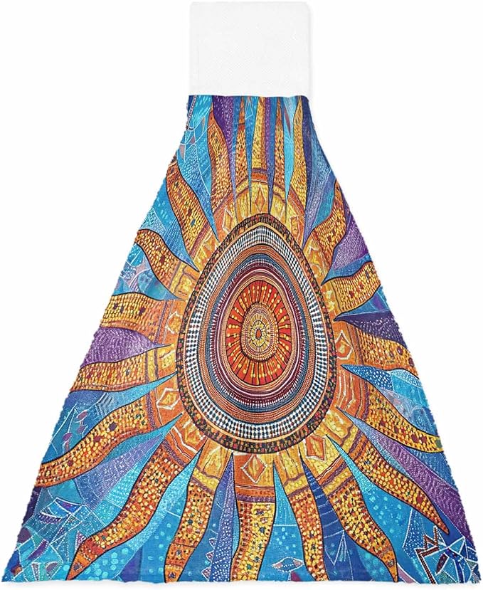 Alandar Home Kitchen Tie Towel Set of 1, Abstract Boho Sun Floral Absorbent Soft Hand Towels for Bathroom Hanging Towels, Retro Bohemian Pattern Fast Drying Cleaning Cloth with Loop