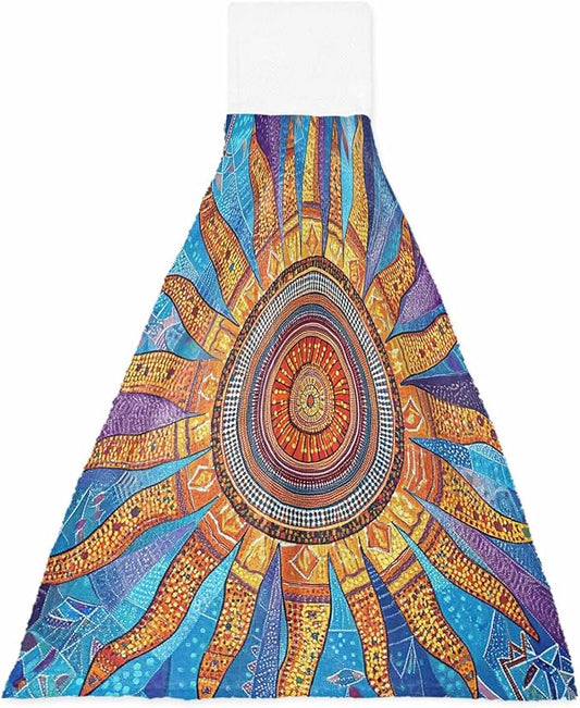 Alandar Home Kitchen Tie Towel Set of 1, Abstract Boho Sun Floral Absorbent Soft Hand Towels for Bathroom Hanging Towels, Retro Bohemian Pattern Fast Drying Cleaning Cloth with Loop