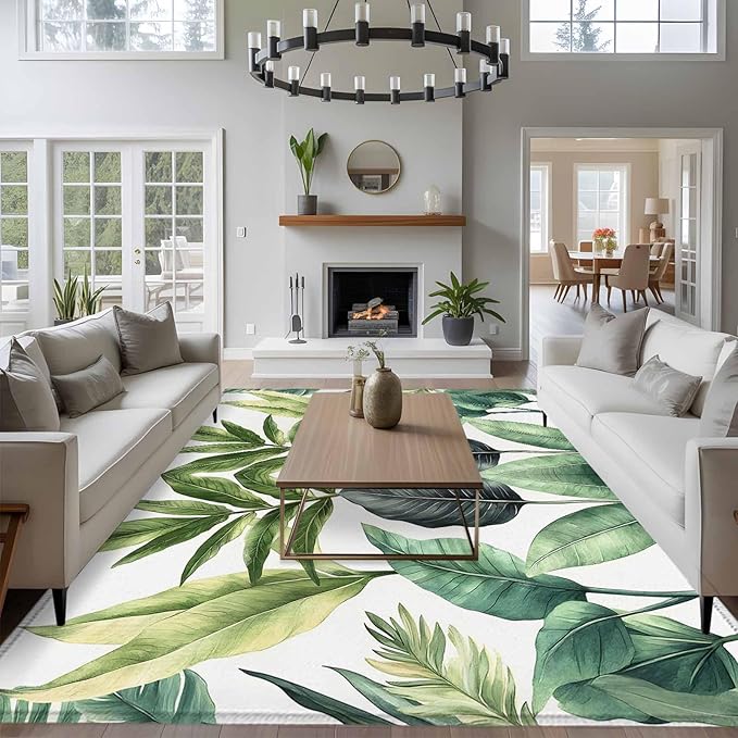 Area Rug 6x9ft, Summer Green Tropical Palm Leaves Washable Rugs for Living Room Bedroom, Watercolor Plant Soft Non-Slip Area Rugs Rectangle Floor Carpet for Dining Room