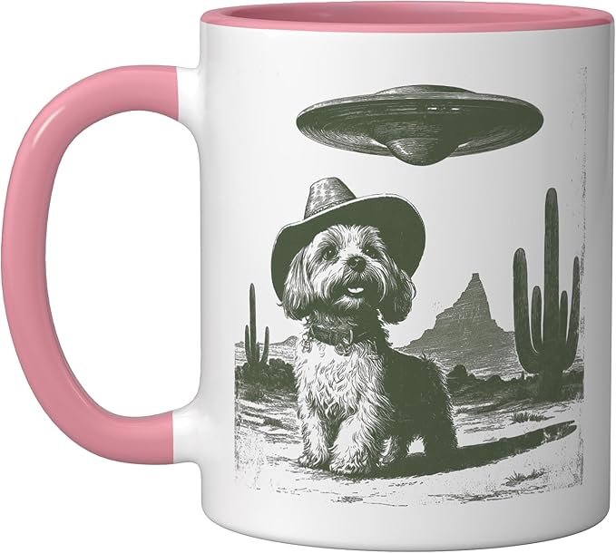 Retro Cowboy Dog UFO Desert Landscape Art Ceramic Mug, Pink/White