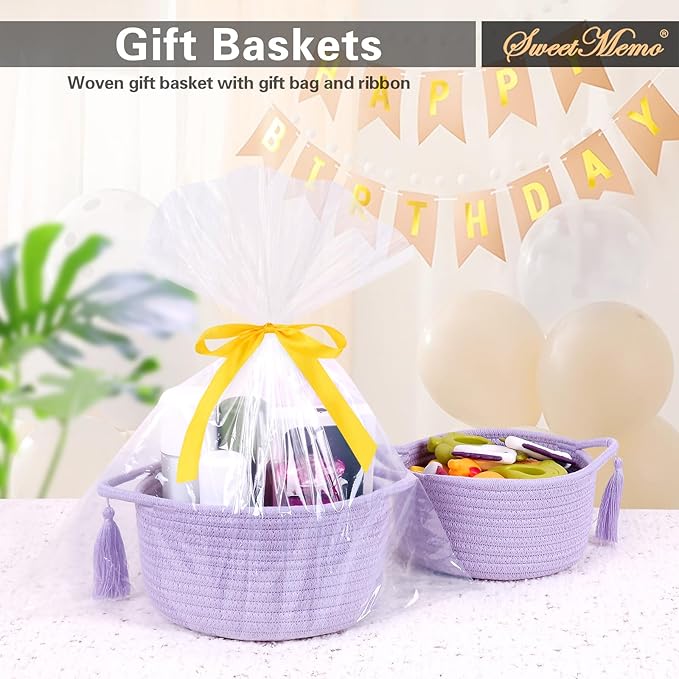 Small Purple Basket, Cute Woven Gift baskets Empty with Cellophane Wrap set for Girl, Decorative Cotton Rope violet Container Bin, Little Makeup Holder for Bathroom, Vanity, Cosmetics – lavender