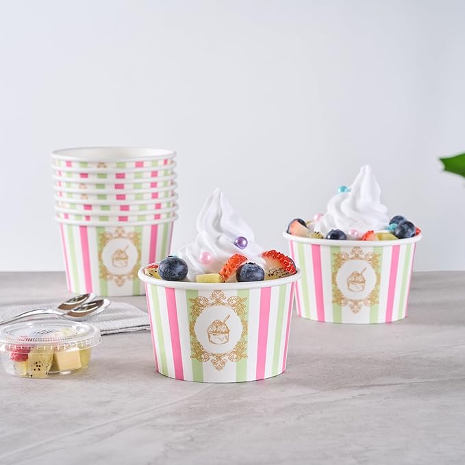 Coppetta 8 Ounce Dessert Cups, 200 Greaseproof Ice Cream Cups - Lids Sold Separately, For Hot And Cold Foods, Green And Pink Stripe Paper Yogurt Bowls, Disposable, Sturdy - Restaurantware