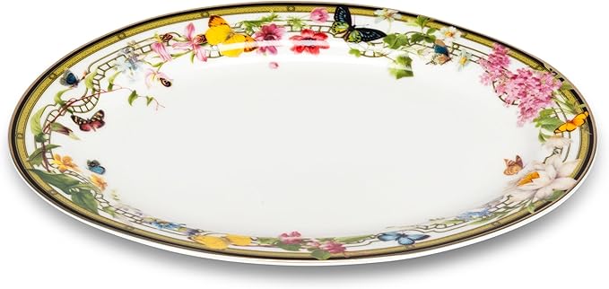 Abbott Collection Butterfly Garden Oval Plate - Bone China, White/Green (5.5x7.5"L)