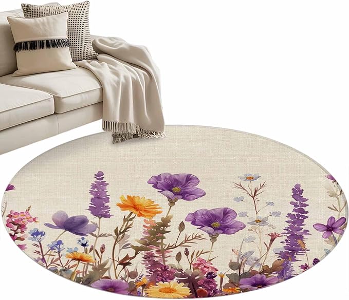 Washable Round Area Rug Country Flower Purple Lavender Plant Circle Rugs Floor Carpet for Living Room Bedroom, Retro Linen Soft Non Slip Round Rug 3ft