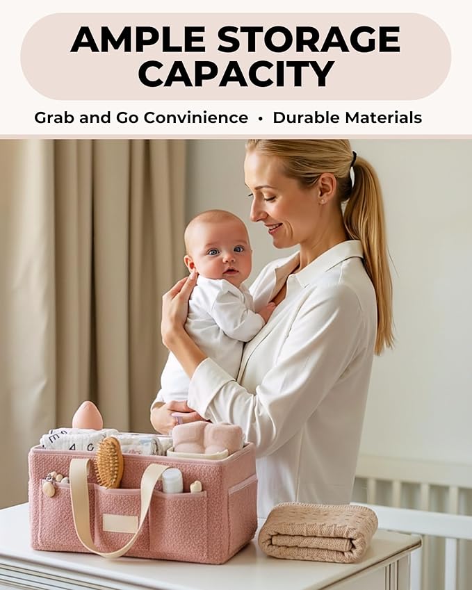 Baby Diaper Caddy Organizer with Portable Changing Mat - Teddy Fleece Diaper Organizer for Changing Table - Basket for Changing Essentials - Baby Essentials Organizer with Removable Dividers