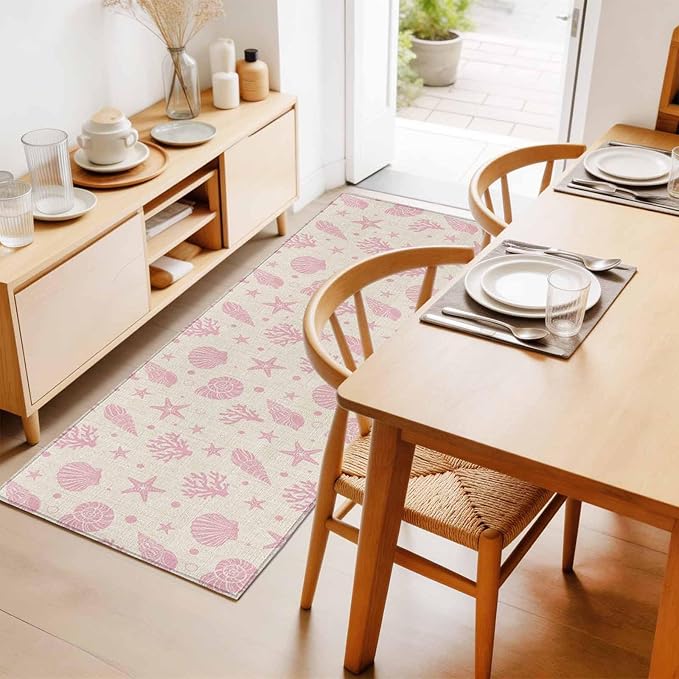 Runner Rug for Bedroom Hallway, Ocean Pink Shell Coral Conch Kitchen Runner Rugs Area Rug 2x6ft, Marine Starfish on Farm Burlap Washable Soft Floor Carpet for Entryway Stair