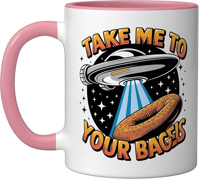 Take Me to Your Bagels UFO Abduction Jewish Funny Bagel Ceramic Mug, Pink/White