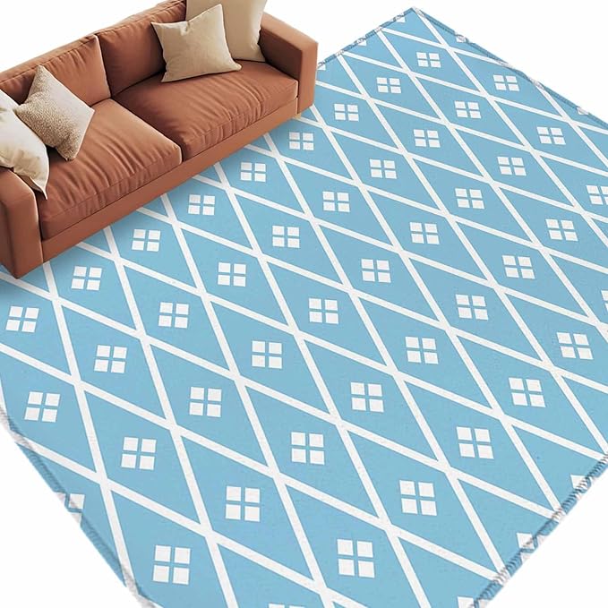 Area Rug 8x10ft, Boho Blue White Plaid Line Washable Rugs for Living Room Bedroom, Abstract Geometric Diamond Soft Non-Slip Area Rugs Rectangle Floor Carpet for Dining Room