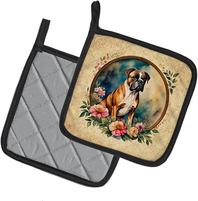 Caroline's Treasures Boxer and Flowers Pair of Pot Holders Kitchen Heat Resistant Pot Holders Sets Oven Hot Pads for Cooking Baking BBQ, 7 1/2 x 7 1/2