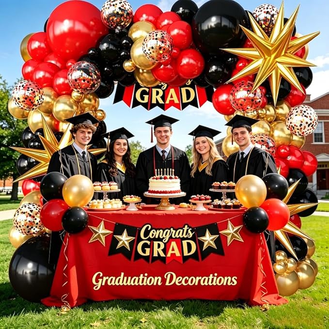 Red Gold Black Balloons Arch Kit Garland for 2026 Graduation Decorations Grad Party Birthday Red Carpet Casino Theme Race Car Birthday Anniversary Party Decorations