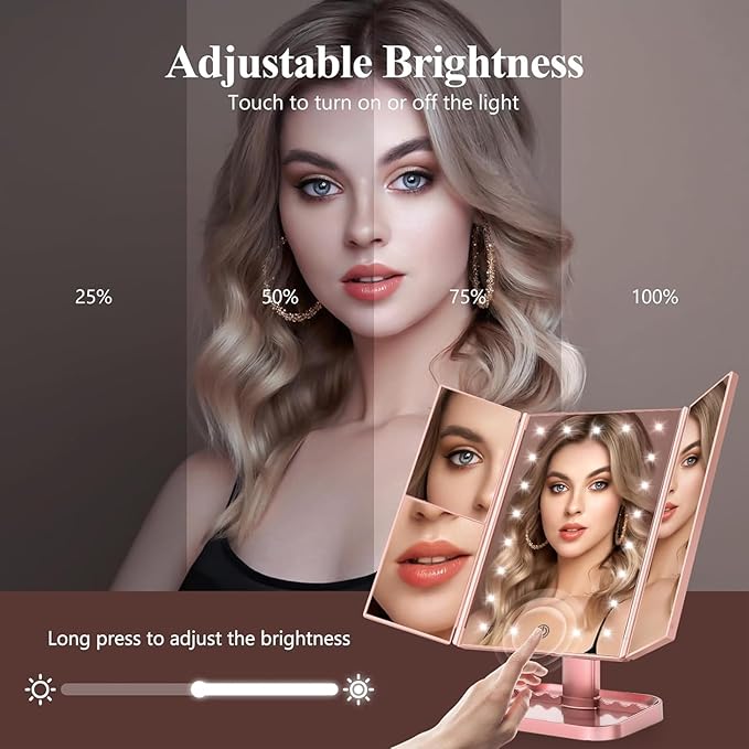 HUONUL Makeup Mirror, Vanity Mirror with Lights, 2X/3X/10X Magnification, Touch Control, Trifold, Dual Power Supply, Mothers Day for Mom Gifts, Gifts for Women, Wife, Mom, Girls,Dorm Room Essentials
