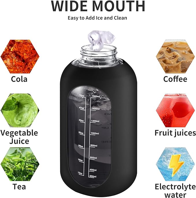 CIVAGO 32 oz Glass Water Bottle with Straw and Handle, Large Sports Motivational Water Bottle Flask with Time Marker and 2 Lids, Leakproof Water Jug Canteen with Silicone Sleeve for Gym,Navy
